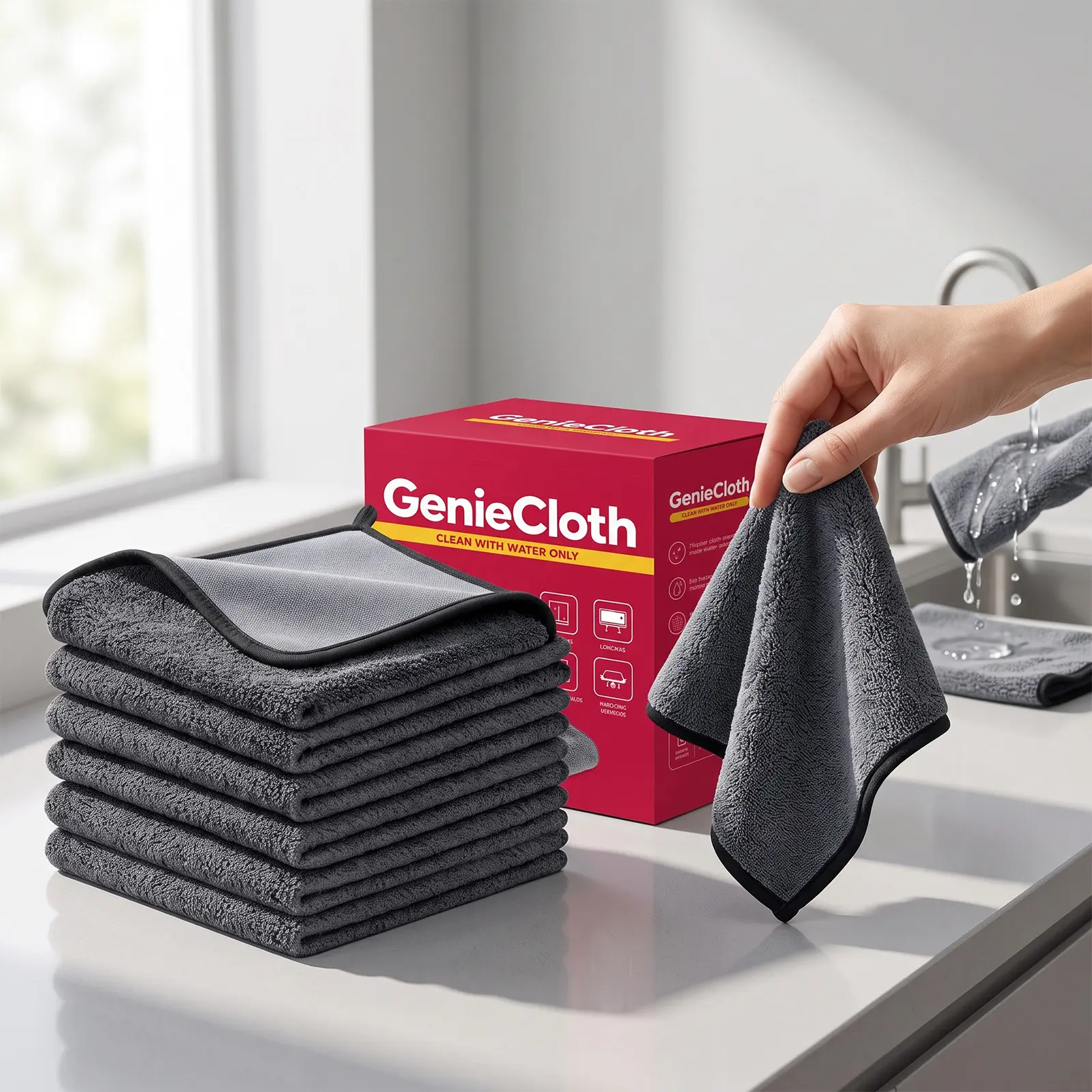 GenieCloth 6 Pack Microfiber Cleaning Cloths - Clean with Water Only, Streak-Free for Kitchen, Car, Windows & Screens