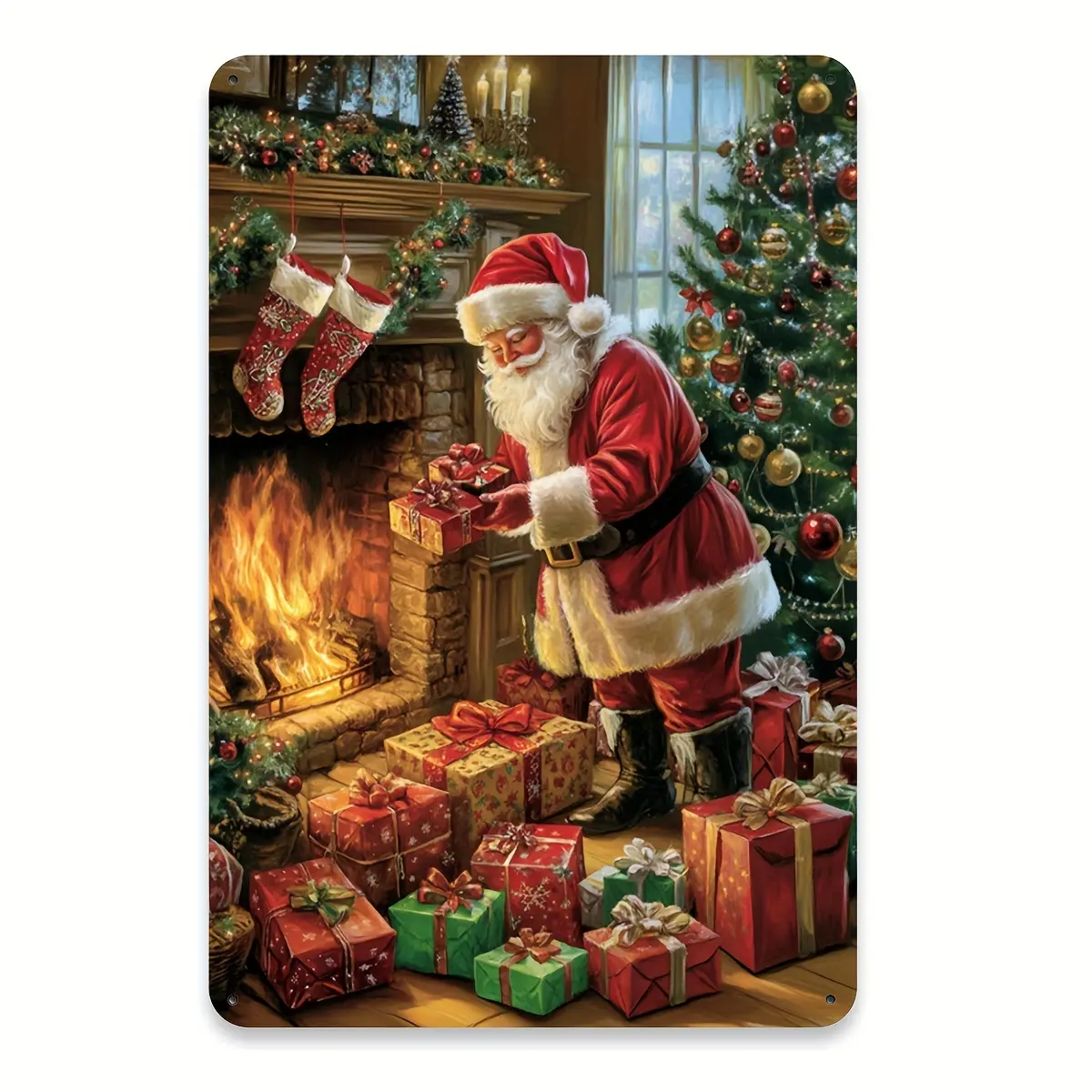 Vintage Merry Christmas Rectangle Metal Tin Sign, 8x12 inch - Durable Iron Wall Decoration with Pre-Drilled Easy-to-Hang Holes, Cozy Santa by Fireplace - for Home, Garden, Pub Decor
