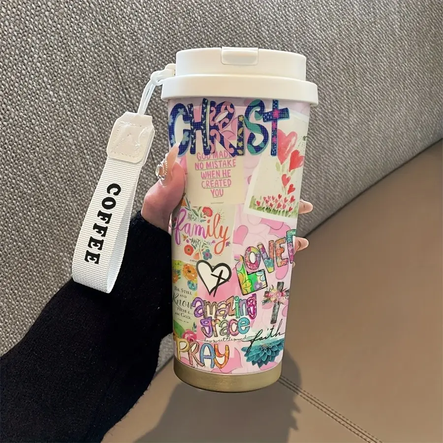 Christian Prayer Coffee Cup, 530ML Insulated Stainless Steel Travel Mug with Straw and Lid, Leak-Proof, Portable, Ideal for Home Office Gym Outdoor, Insulated Coffee Tumbler