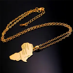 U7 Africa Map Pendant Necklace for Men Women Africa Pendant Necklace Hiphop Jewelry with Rolo Cable Chain