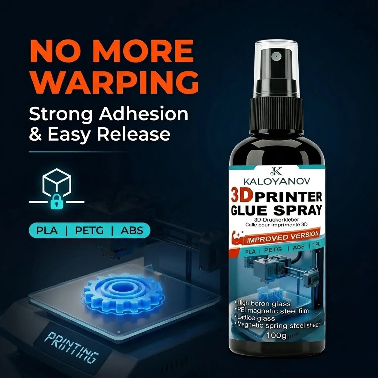 Upgraded 3D Printer Glue Spray Strong Bed Adhesion Anti-Warping Adhesive, Versatile Compatibility, for PLA PETG ABS TPU Filament First Layer on PEI Sheet Glass Bed 3D Printing Accessories No Curling Easy Release 100g Tech Tool