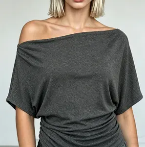 Women's Summer Plain Asymmetrical Shoulder Batwing Sleeve Knit T-Shirt, Loose Fit Drop Shoulder Short Sleeve Top, Womenswear