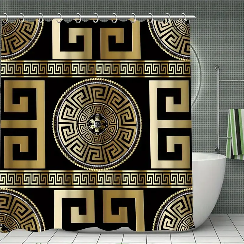 1/4 Pcs Black and Golden Geometric Pattern Decorative Shower Curtain Set, Non-Slip Mat, U-Shaped Rug, Toilet Seat Cover, Bathroom Decoration Accessories, Includes 12 Shower Curtain Hooks