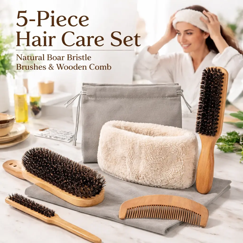 5pcs Boar Bristle Hair Brush Set - Natural Bristle Brushes for Thin & Fine Hair, Includes Travel Bag & Spa Headband, Smoothing, Shine-Enhancing, Frizz-Reducing