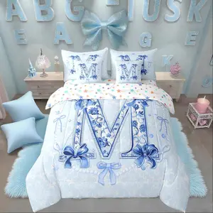Feelyou 7-Piece Blue Initial Kids Bedding Set - Girls' Coquette Bow Comforter, Princess Aesthetic Quilt, Dreamy Cartoon Duvet, Chic Rose Floral Design for Girl Room Decor