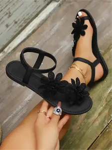 European and American style floral-decorated flat sandals with elastic soft soles, suitable for casual beach wear and daily commuting Casual Outdoor Sandals