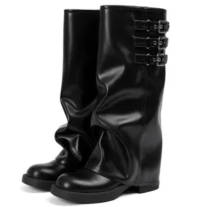 EROCALL Women's Goth Platform Riding Boots Pull On Buckle Boots Fold Over Tall Knee High Boots  Slouchy Fold Over Motorcycle Riding Boots With Buckle Women's Wide Mid Calf Casual Comfortable Moto Biker Boots