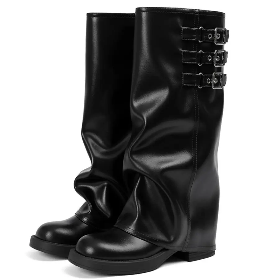 EROCALLI Women's Goth Platform Riding Boots Pull On Buckle Boots Fold Over Tall Knee High Boots  Slouchy Fold Over Motorcycle Riding Boots With Buckle Boots,summerwins,summeroutfits