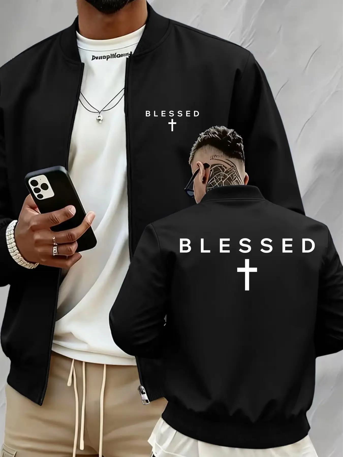 Men's "Blessed" Cross Print, Graphics Stand Collar Fitted Long Sleeve Bomber Jacket, Faith-Based Zip-Up Outerwear, Casual Streetwear & Everyday Wear Coat#BlessedCrossJacket #FaithBasedOuterwear#ChristianStreetwear #TikTokFashion#ReligiousQuotePrint