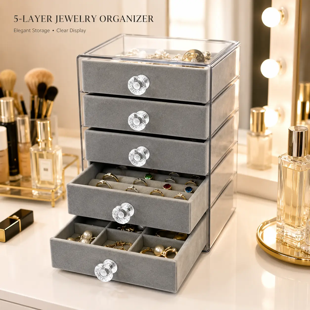 5-Layer Velvet Jewelry Box with Drawers, Women's Acrylic Stackable Containers, Accessory Holder for Ring Earring Necklace Bracelet, Dust-Free Dresser Organization Vanity Bed Storage Jewelry Boxes & Organizers