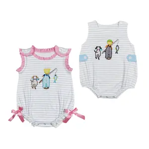 New Baby Matching Clothes Embroidered Fishing Print Bubble Baby girl bodysuit