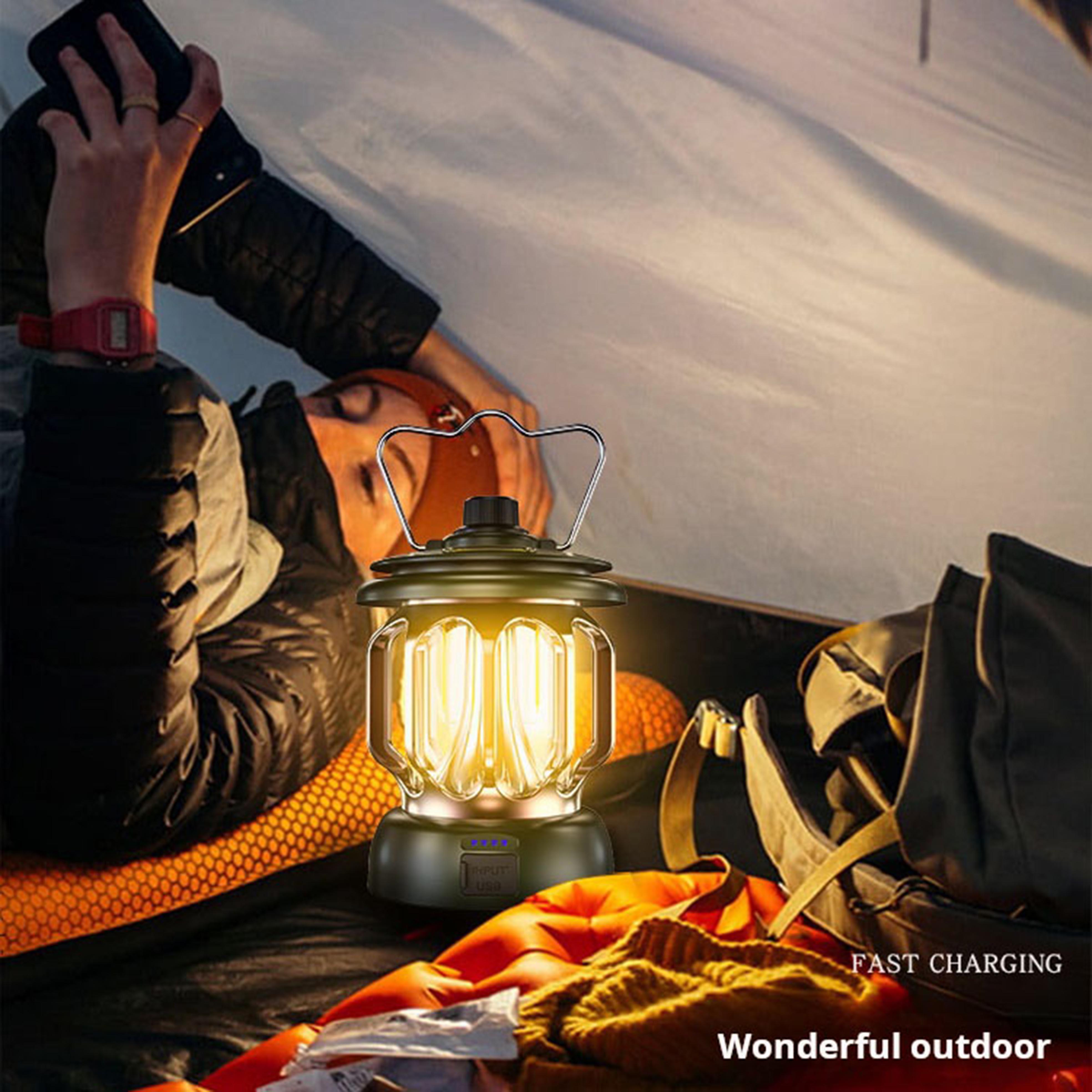 Vintage-style camping lamp, atmospheric portable lantern, flashlight with a metal hook for hanging, USB rechargeable with power output function, very suitable for fishing, household power outages, desktop lighting and emergency lighting