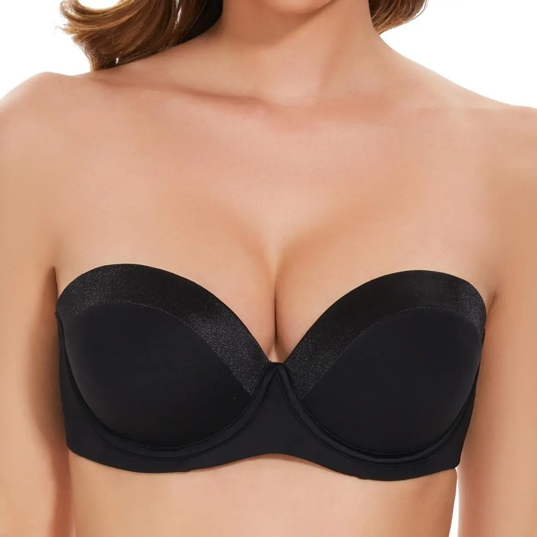 SEA BBOT Women's US Standard Thick Push-Up Strapless Cleavage Multiway Bra - Non-Slip, Soft Padding, Off-Shoulder, 3/4 Coverage, 3D Contour Cups, Detachable Straps, Everyday Bridal Lingerie, Black, Size 32C, Cleavage Bra