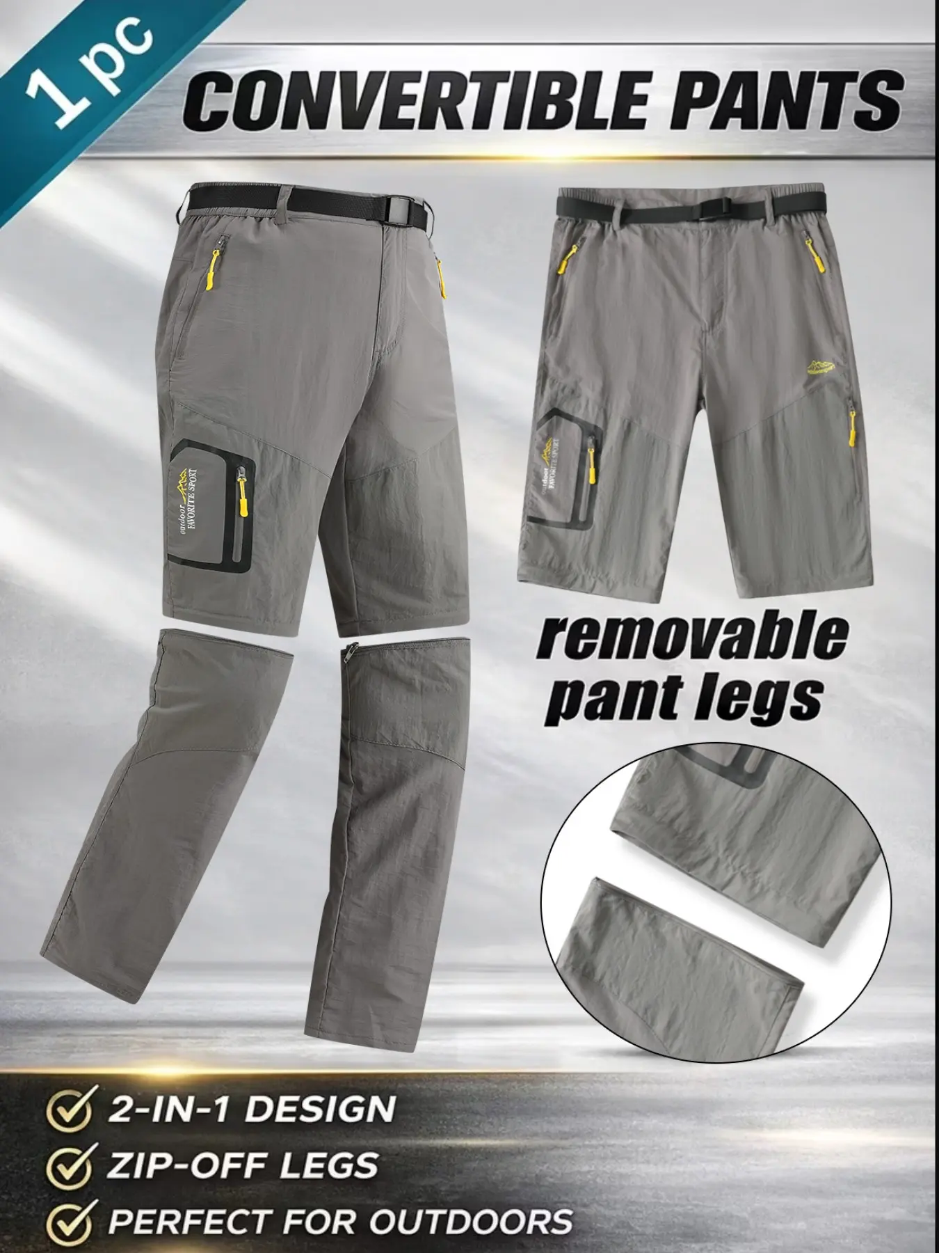 Men's Convertible Detachable Leg Outdoor Pants, 100% Polyester Quick-Dry Hiking Long Pants, Lightweight Breathable, Ideal for Fishing/traveling, Casual Athletic Trousers