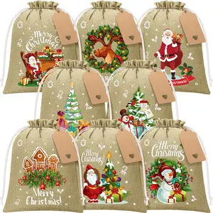 24 count Christmas Burlap  Bags with Drawstring, 8x10in Christmas Linen  Bags w/Tags Goody  Bag Medium Jute Xmas Candy  Gifts Wrapping Bag Xmas Holiday Party Favors Linen Sack