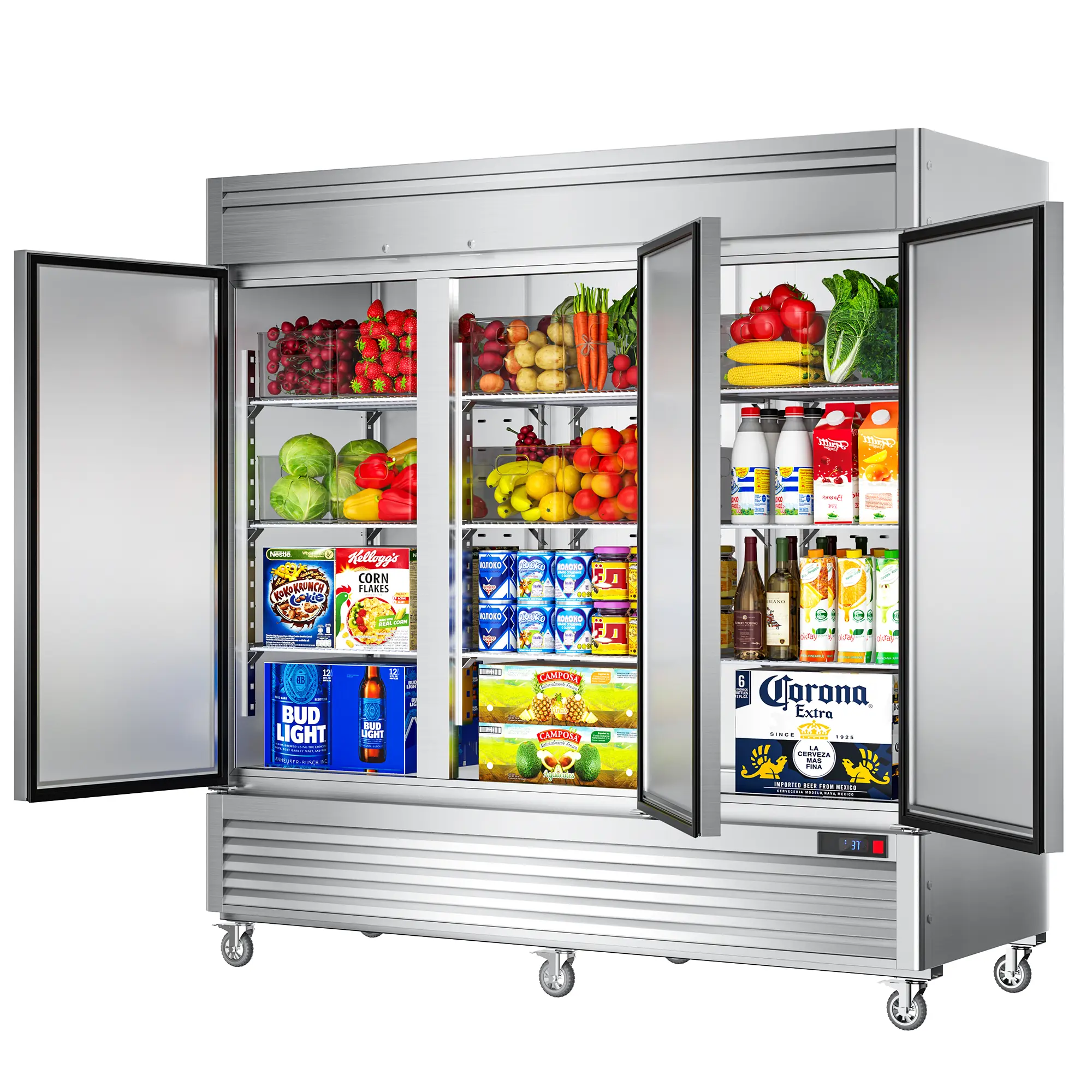 Coolake 82" Width Commercial Refrigerator 3 Solid Doors, 72 Cu.ft Stainless Steel Reach-in Upright Fridge with LED Lighting, Fan Cooling Refrigerator for Restaurant Cafe Hotel Kitchen Prep Area
