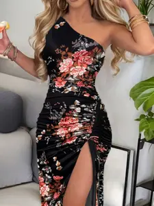 Sexy Floral Printed Drawstring High Slit Slim Fit Asymmetrical Neck Sleeveless Dress, Long Women's Fashion Chic for Spring & Fall, Asymmetrical Neckline Dress