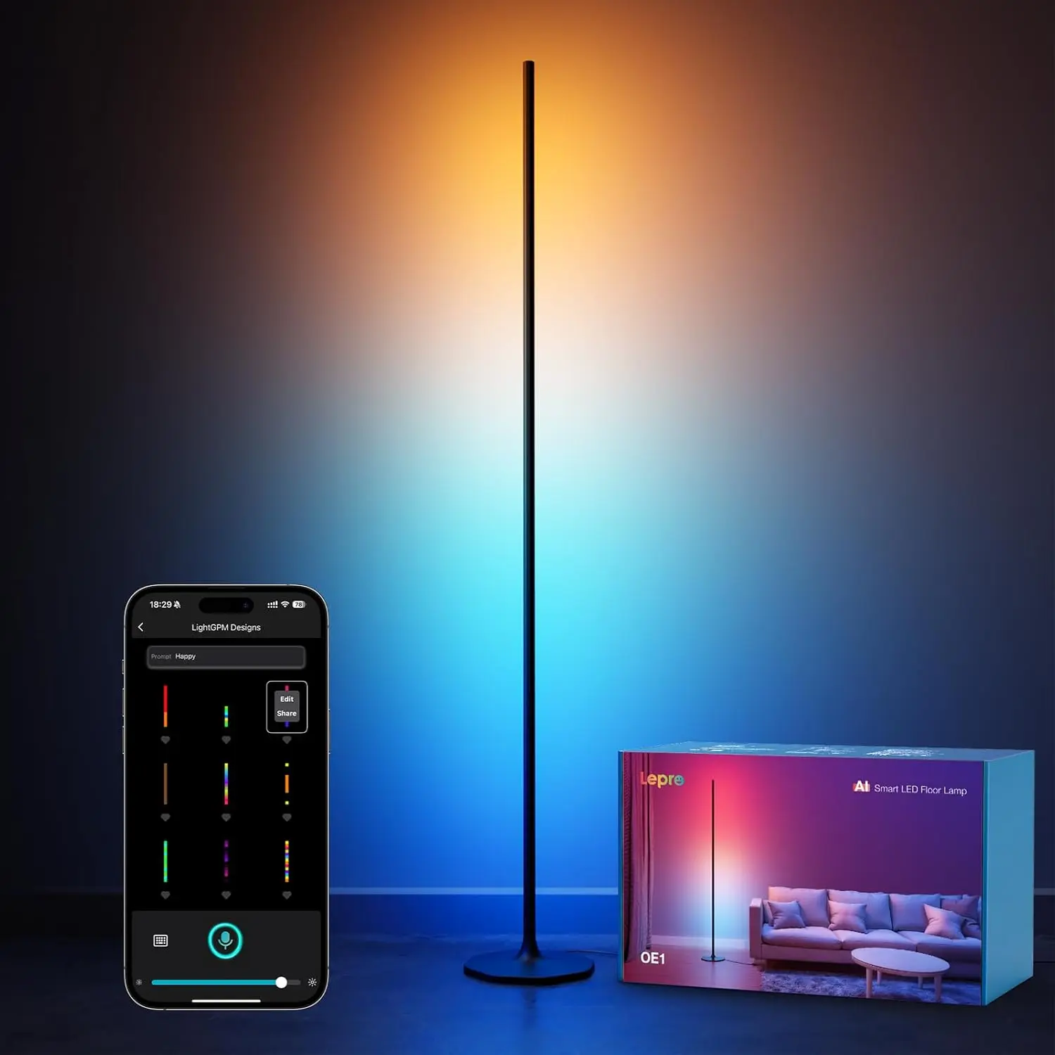 Lepro OE1 AI Smart Modern Floor Lamp - Adjustable RGBW Colored LED, Alexa-Compatible, Adjustable RGB Lighting, Interactive Mood Lights, Indoor Light Lamp, Bedroom LED Solution, Modern Mood Lighting
