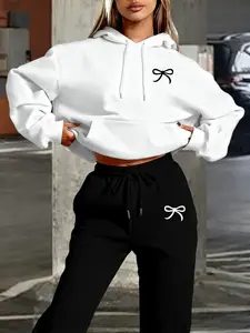 Women's Fall Winter Bow Print Hoodie and Sweatpants Set, Casual Loose-Fitting Long Sleeve, Comfortable Pullover and Jogger Pants