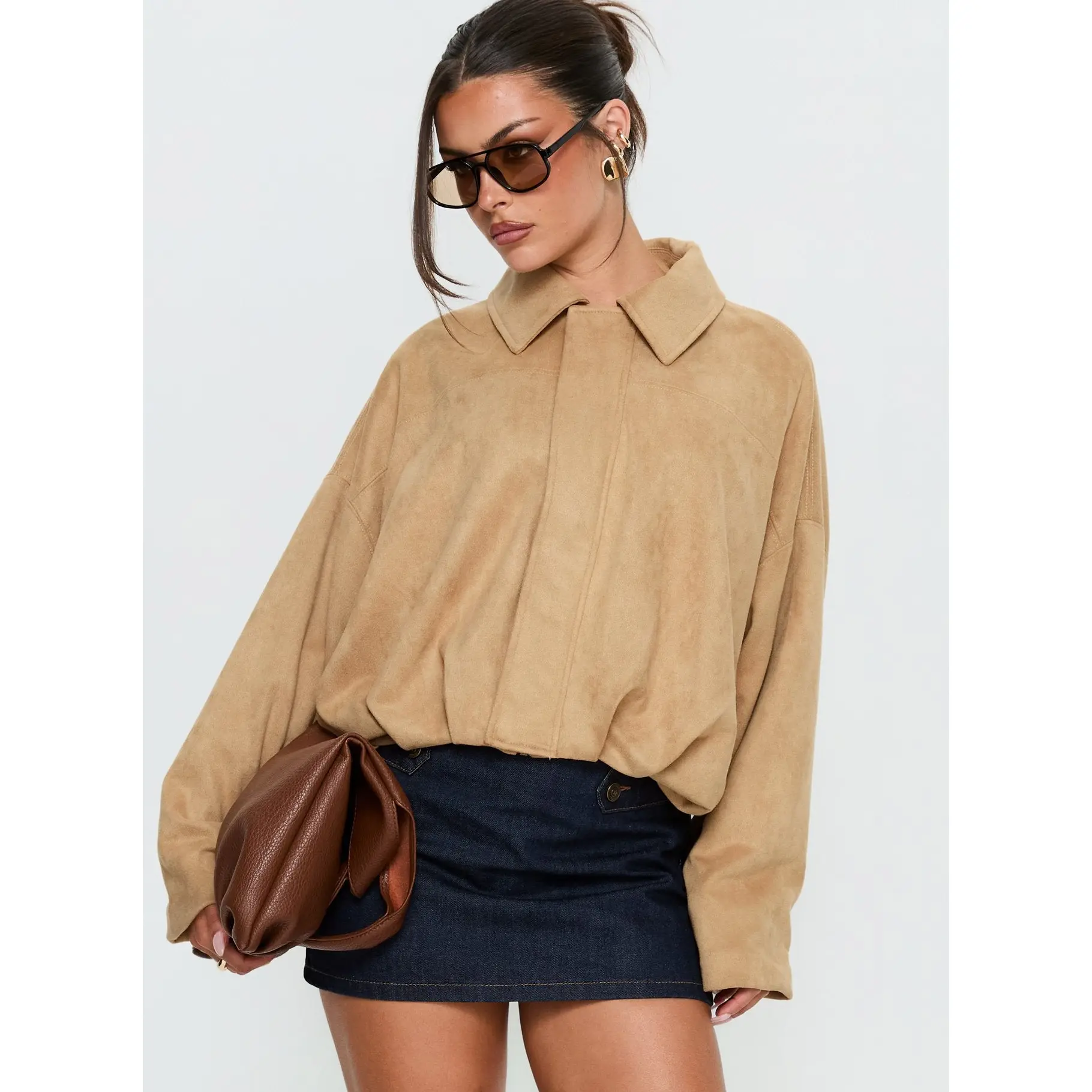 Enlightened Faux Suede Bomber Jacket Beige