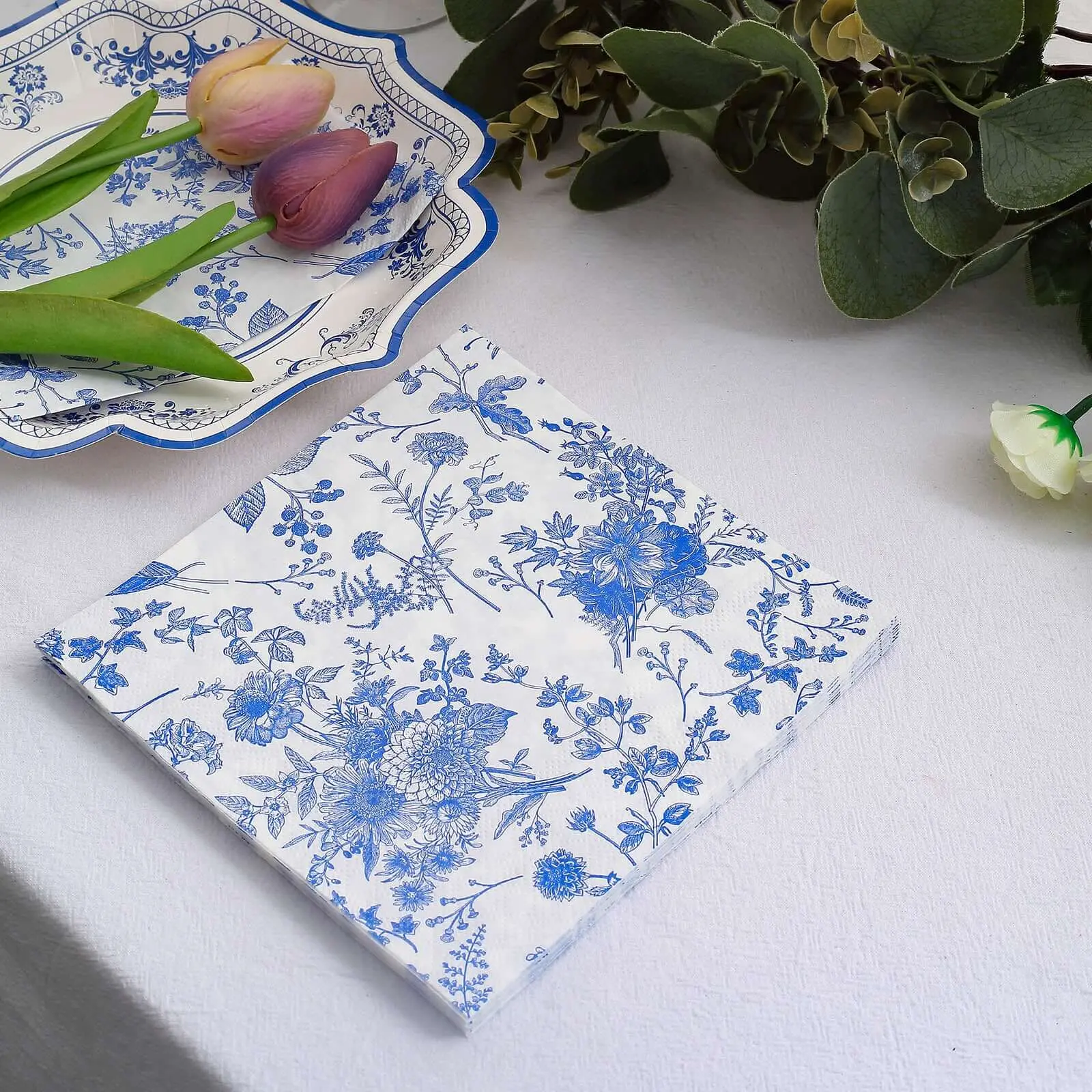 20-Pack Disposable 2-Ply Paper Cocktail Napkins, White/Blue French Toile Print, 6.5"x6.5" for Watch Party, Birthday, Event Planners & Home Hostesses (Home & Festive Disposable Tableware), Disposable Napkins