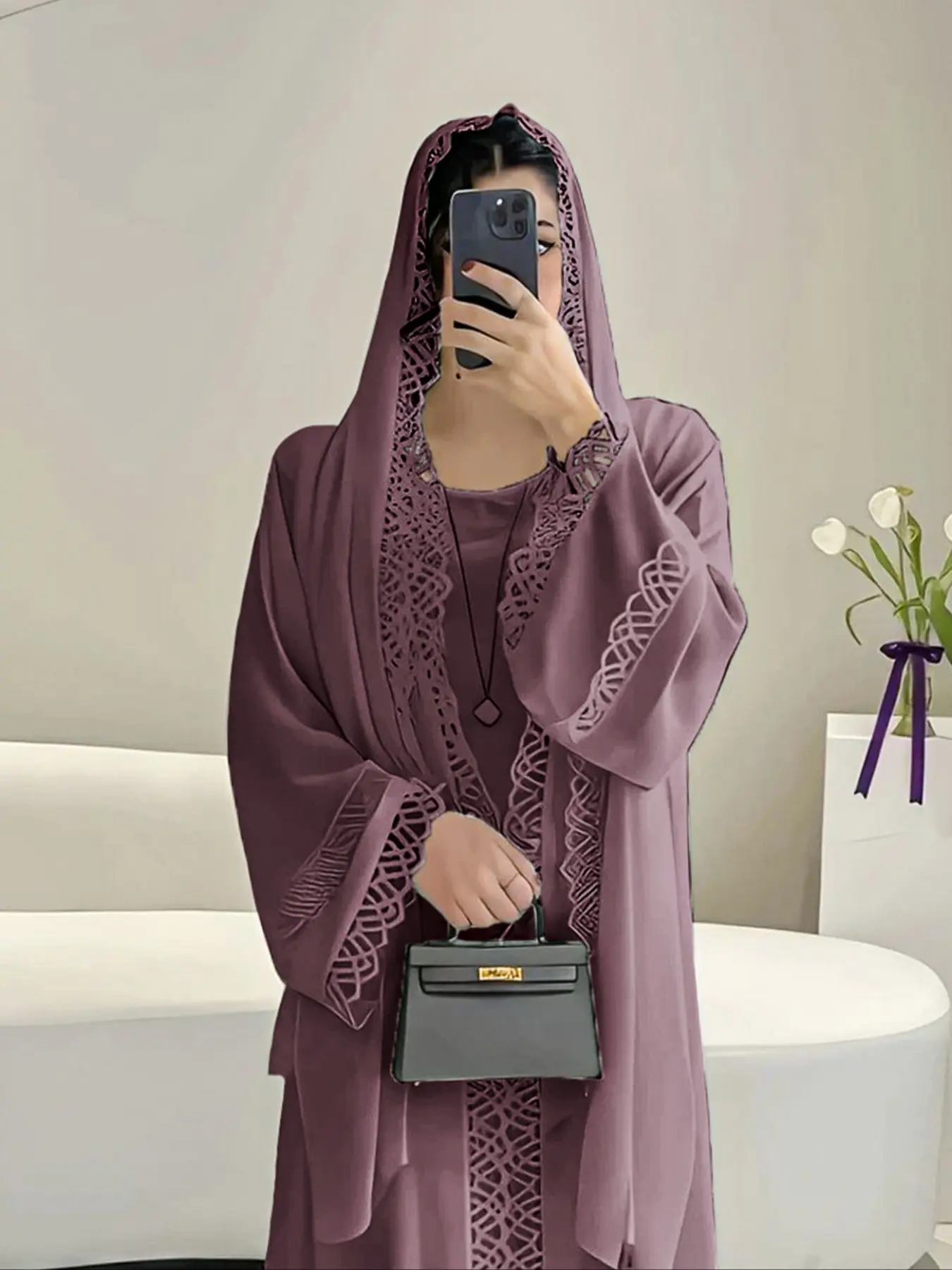 Women's Elegant Muslim Abaya with Hijab Dress Set with Headscarf, Floral Lace Decoration, Loose Sleeves, Long Flowing Design, Perfect for Ramadan & Special Occasions