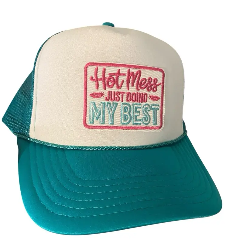 Teal Trucker Hat with Patch Hot Mess Just Doing My Best Design Cream and Teal Colors