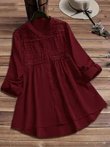 Plus Size Women's Lace Trim Patchwork Shirt Long Sleeve, Casual Fashion Basic Blouse with Contrast Binding, Elegant Ladies Top for Daily Wear