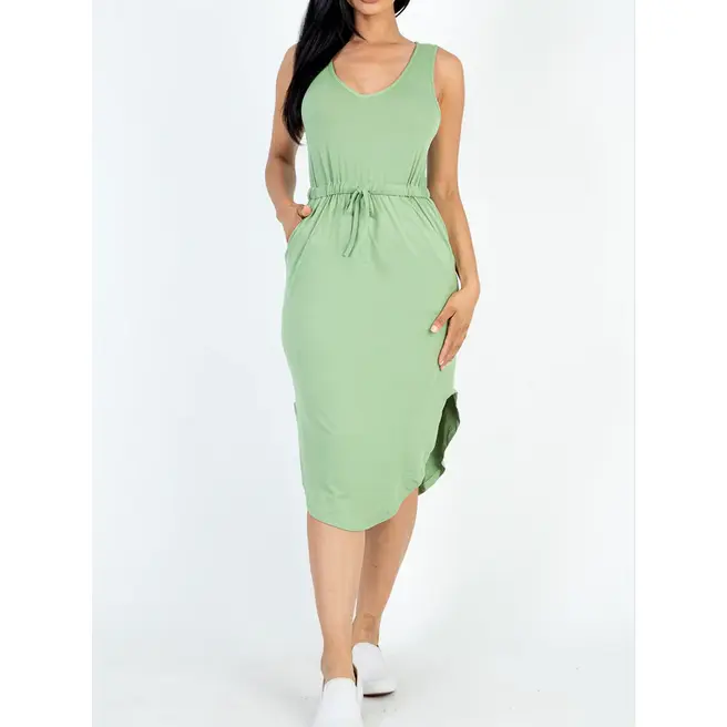Women's Minimalist Stretchy Sleeveless Casual Midi Dress - Soft Light Jersey Fabric, Drawstring Waist, Functional Pockets, Casual Wear, School, Soft Jersey, All Seasons, Drawstring Sleeveless Midi Dress, Side Pockets, Light Weight, U Neck, Basic, Chic, Cu