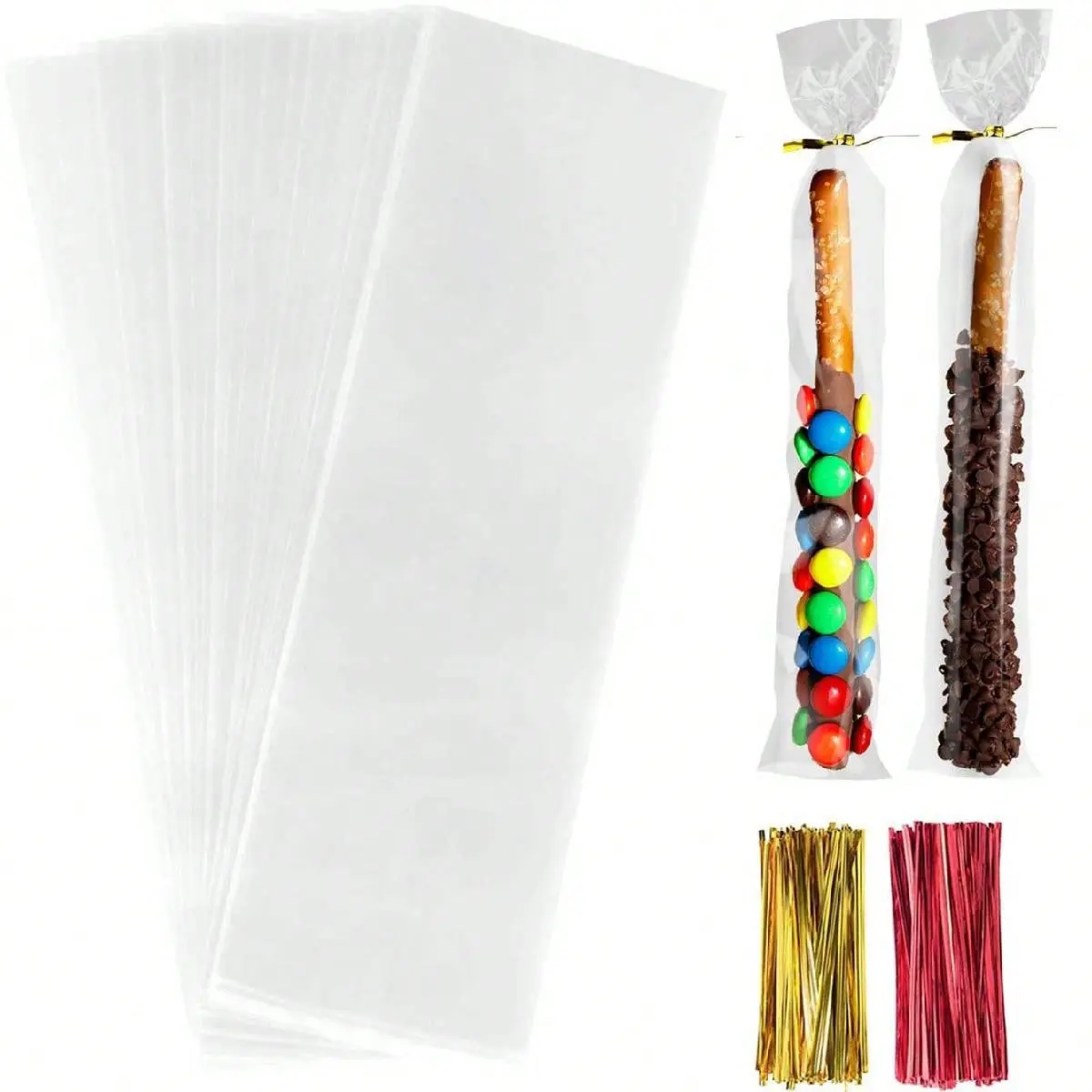 100 Pieces 5 X 25cm Opp Bags for Pretzel Rods, Transparent Plastic Bags with Colorful Twist Ties for Gift Packaging, Gift Wrapping, Gift Wrap, Gift Package, Clear Plastic Gift Bags, Ideal for Bakery Treats & DIY Crafts