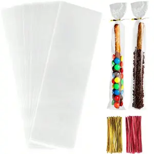 100/500 Pieces 5 X 25cm Opp Bags for Pretzel Rods, Transparent Plastic Bags with Colorful Twist Ties for Gift Packaging, Ideal for Bakery Treats & DIY Crafts, Party Gift Packs