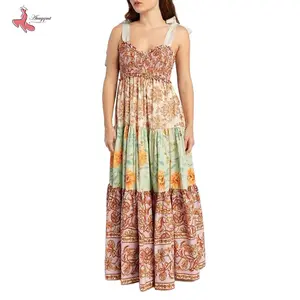 Women Cami Dress Floral Print Tie-Up Shoulder Straps Sleeveless Dress Long Dress Summer Big Swing A-line Dress