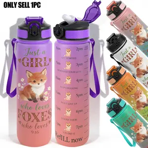 1pc,32oz Water Bottle Cute Fox Graphic Design Durable Portable Leak-Proof 1000ml Time Marker Water Bottle - Shatter-Resistant for Sports, Fitness, Hiking & Outdoor Travel - Large Capacity, Ideal Gift