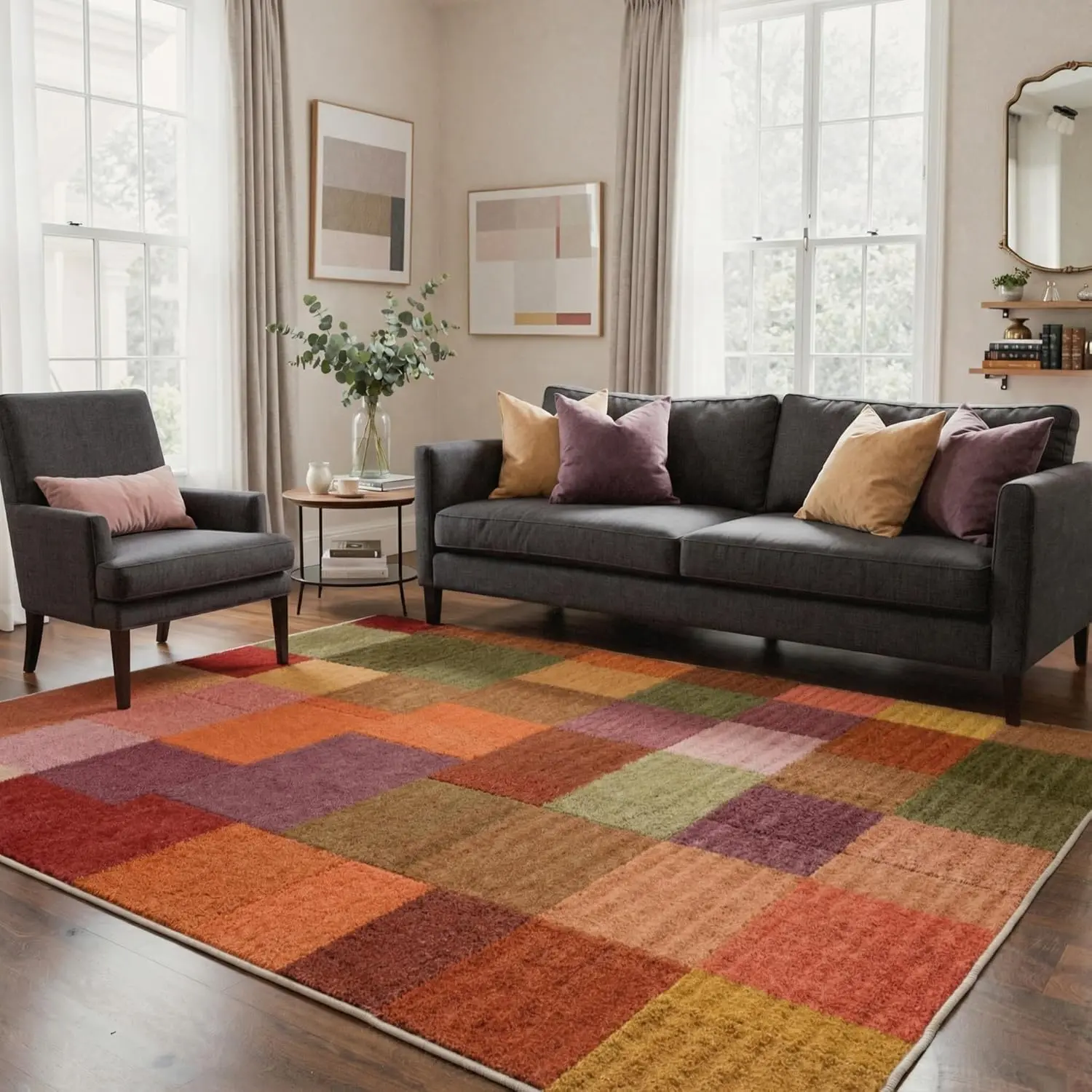 【Back To School】GENIMO Area Rugs Checkered Print Pattern with Non Slip Backing, Low Pile Lightweight Washable Rug for Living Room, Bedroom, Dining Room, Indoor Floor Covering in Autumn Hues