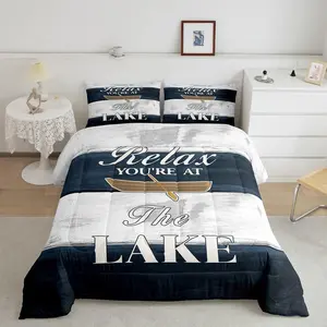 Lake Life Designer Comforter Set,Twin Size Lake House Comforter,Camping Wooden Luxury Bedding Set,Breathable Paddle Duvet Set,Farmhouse Quilt