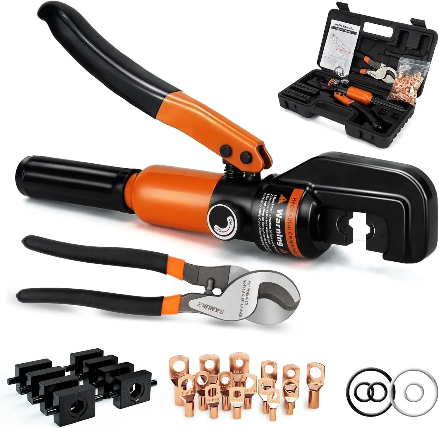 Hydraulic Crimping Tool & Cable Cutter Kit, 12 AWG to 2/0 AWG Battery Cable Lug Crimper with 9 Die Sets & 40 Copper Wire Lugs for Solar, RV, Marine, Automotive & Inverter Wiring