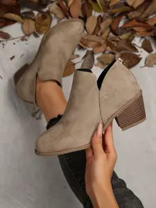 Women's Fall Winter Ankle Boots, Thick Heeled Boots, Elegant Stylish Pointed Toe Short Booties with Zipper, Fringe Decor & Rubber Sole, Perfect for Daily Wear