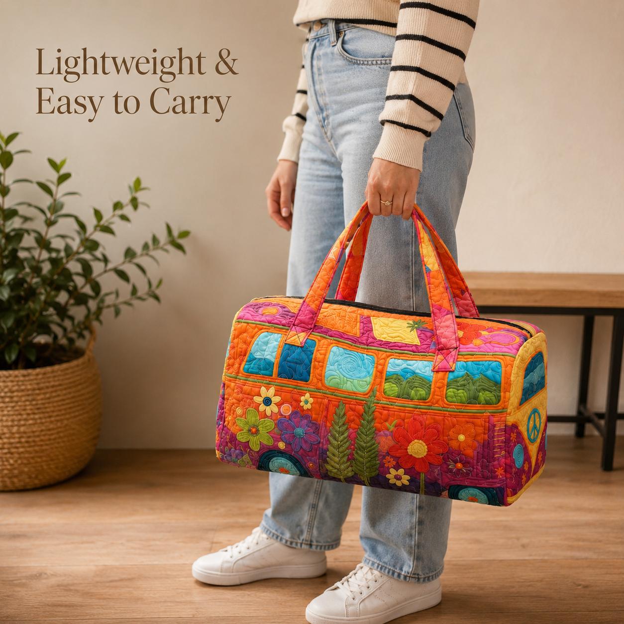 18 Inch Boho Quilted Weekender Bag, Colorful Retro Van Duffel Bag for Travel, Beach, Gym and Weekend Getaway