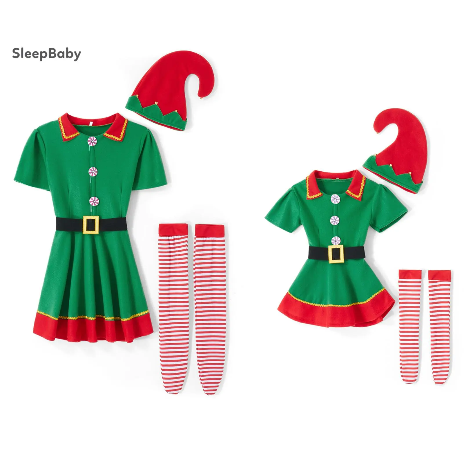 Cute Christmas Elf Costume Family Matching Outfits, Short Sleeve Polyester Holiday Set for Men, Women, and Kids with Hat, Belt & Socks, Shortsleeve