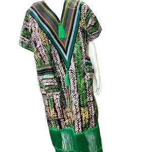 Kampala Boubou with Fringes - Vibrant Multicolor Design & Green Fringe Detail - Traditional African Style