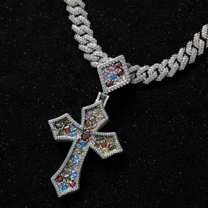 [ICE HUE] 18K Gold Vacuum Plated Copper Rhomboid Gothic Cross Pendant with Gold Chain Necklace, 5A+ Sri Lanka Colorful Zircon, Miami-Italy-Mexico & Micro Inspired Luxury Costume Jewelry for Women, Daily Wear, Gift