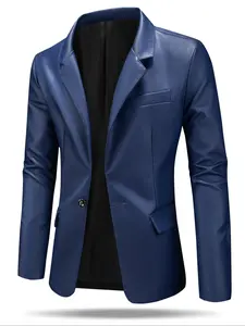 Men's Slim Fit PU Leather Blazer Jacket, Fashionable Windproof Coat with Lapel Collar, Long Sleeves & Side Pockets, Casual Wear