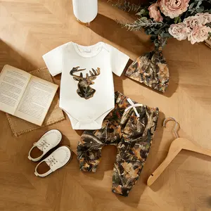 Baby Boy Hunting Outfit Deer Mallard Duck Romper Jungle Camo Pants Set Hat 3 Piece Fall Winter Clothes