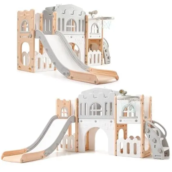 Toddler Slide 8 in 1 Toddler Playset for Toddlers Age 1-3, Baby Playset for Indoor Outdoor Playground with Climber, Crawling Tunnel, Basketball Hoop, Telescope, Toy Storage