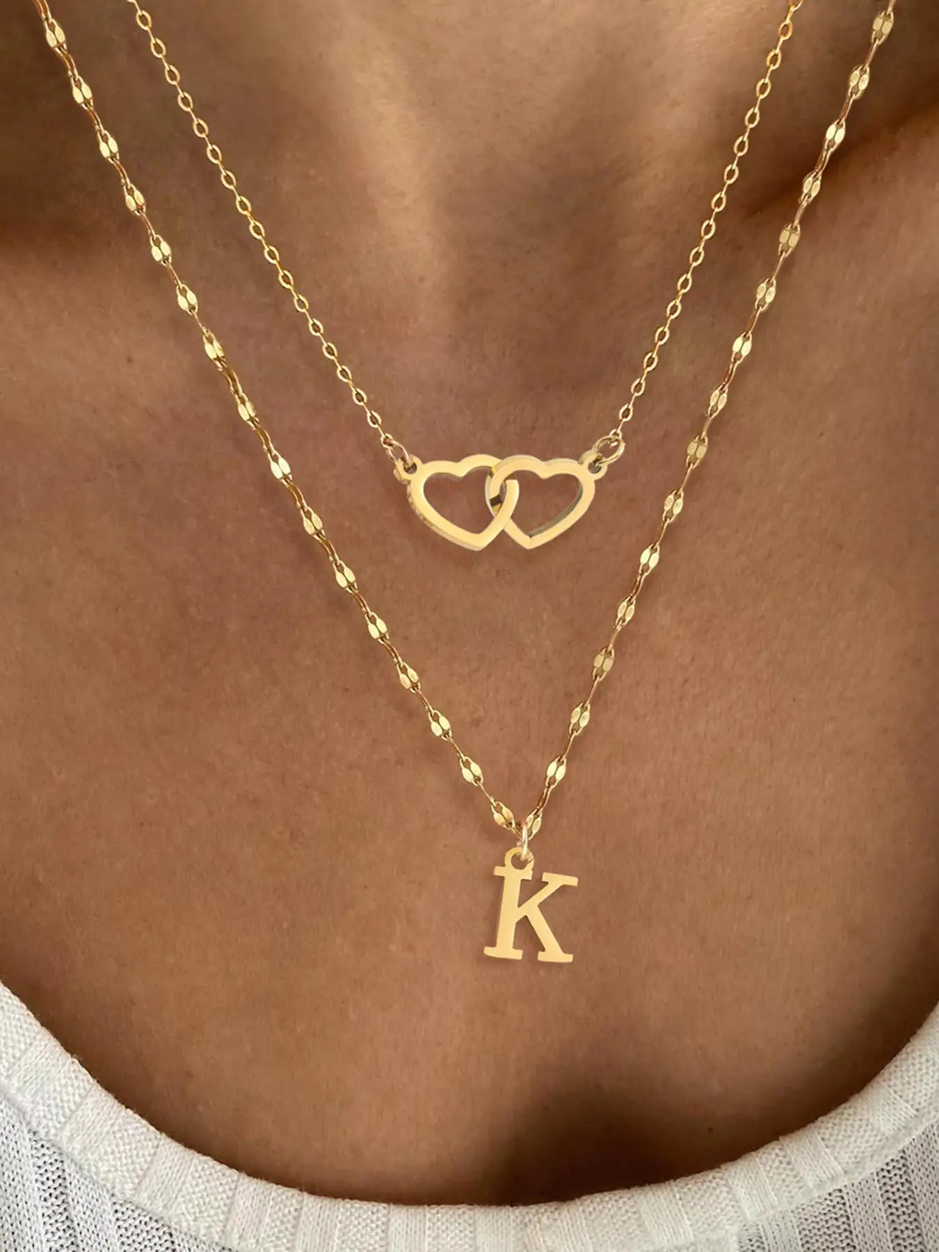 Initials Double Heart Design Necklace, Initial Letter Necklace, Stainless Steel Layered Necklace for Women, Fashion Jewelry for Party, Daily Decor, Trendy All-match & Exquisite Jewelry for Birthday Gift, Necklets