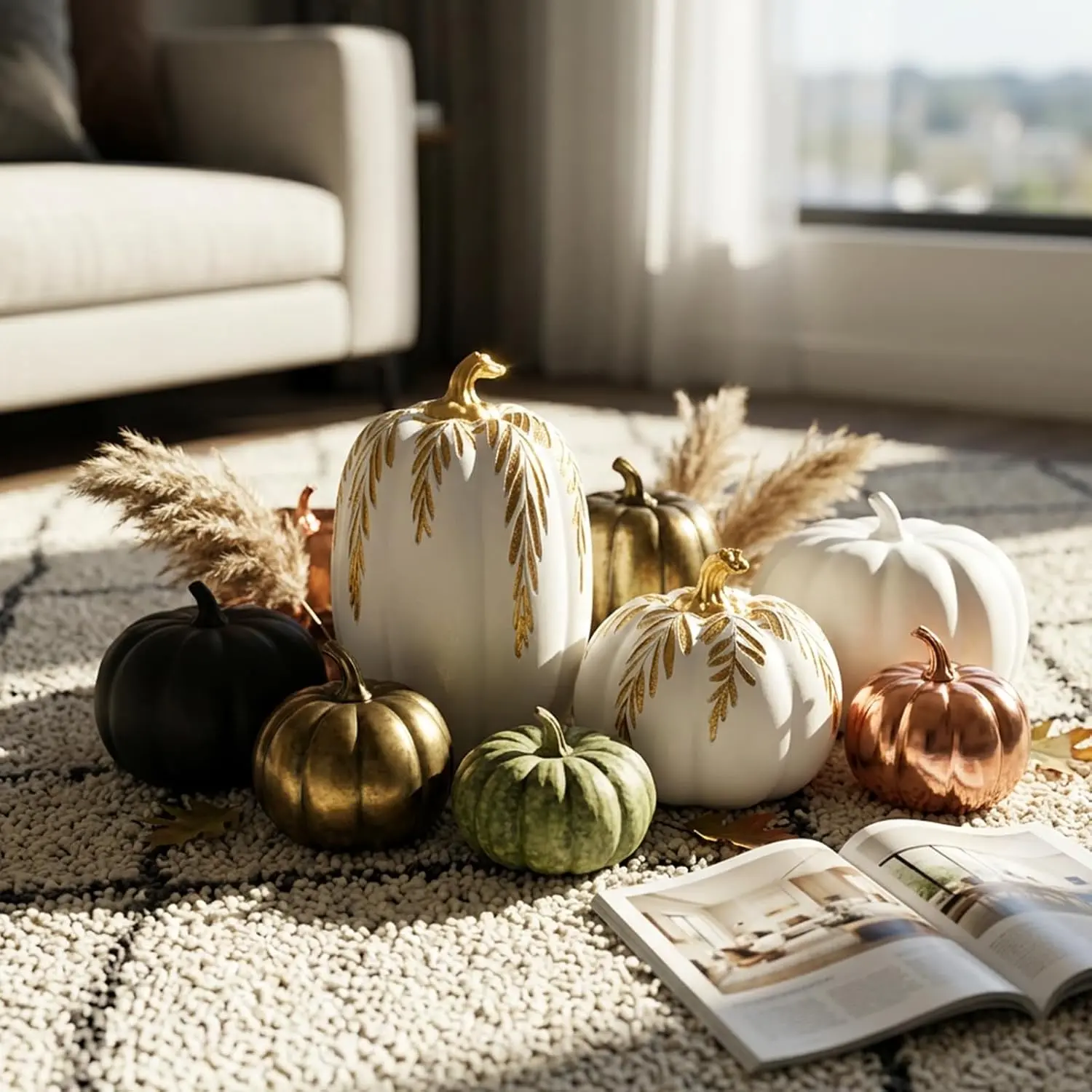 Pumpkin Home Decor Fall Thanksgiving Table Centerpiece | Artistic Sculpted Resin, Thanksgiving Centerpiece, Elegant White Gold Leaf, 6.9-Inch Height