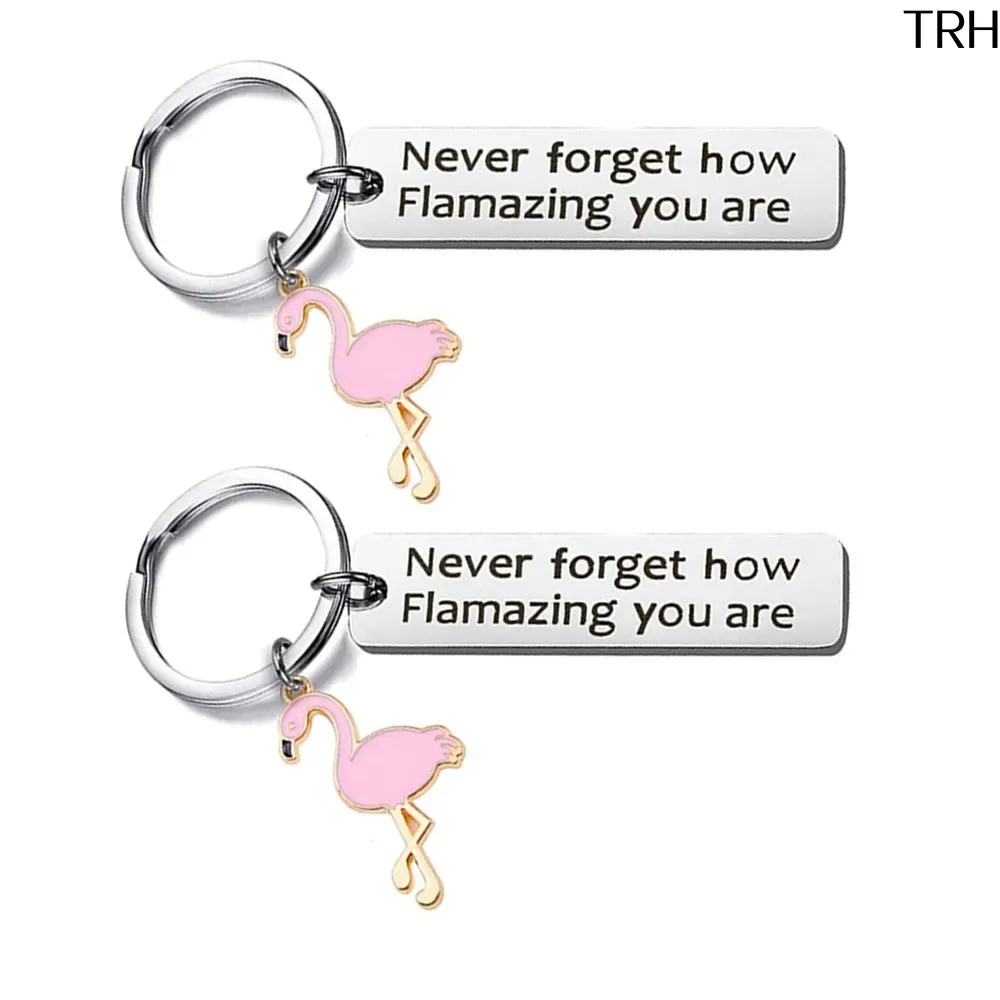 Women's Stainless Steel Engraved Flamingo Keychain - Pink Enamel Charm, "Never Forget How Flamazing You Are" Tag - Encouragement Gift for Friend Birthday (Keychains for Women)