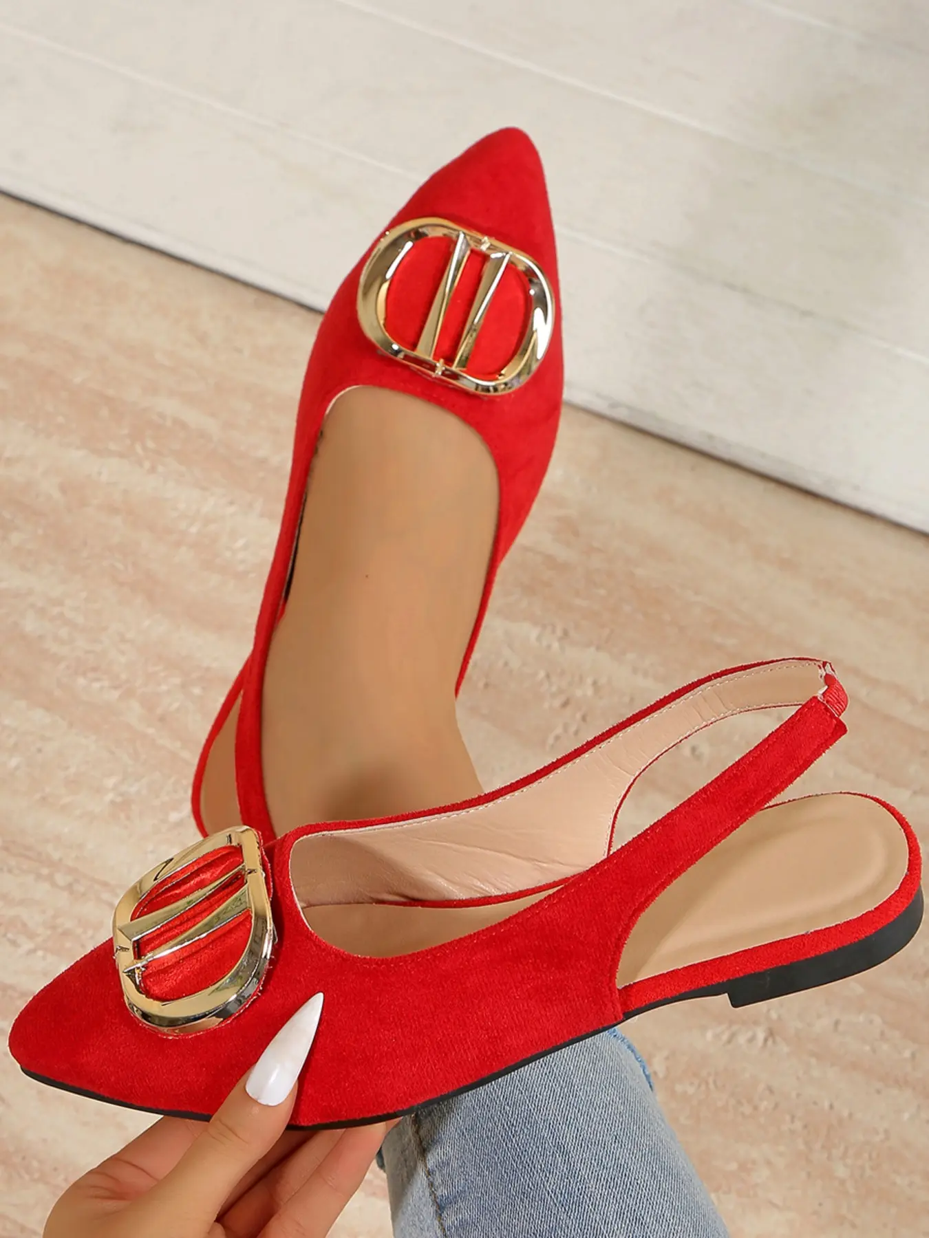 Women's Elegant Pointed Toe Sandals, Metal Buckle Design, Fabric Upper, Low Heel Flat Shoes, All Season Comfort Walking Shoes, Chic Summer Footwear, Dressy Sandals