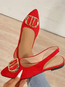 Women's Elegant Pointed Toe Sandals, Metal Buckle Design, Fabric Upper, Rubber, Low Heel Flat Shoes, All Season Comfort Walking Shoes