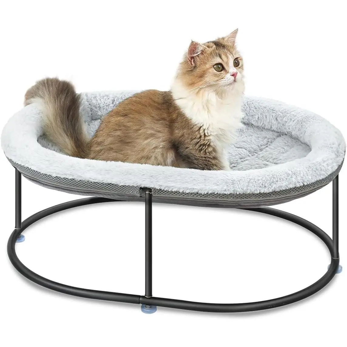 Elevated Cat Hammock Bed for Indoor Cats, Fluffy Warm Cuddle Bed with Detachable Pad Cover, Portable Raised Cuddler for Sleeping Kittens Small Dog, Oval Grey Cat Hammock